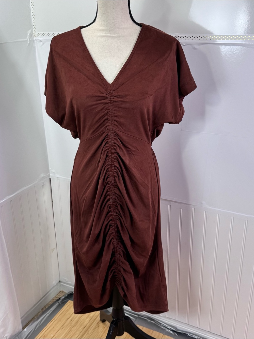 NWT Steve Madden Brown Faux Suede Ruched Midi Dress Western Boho M